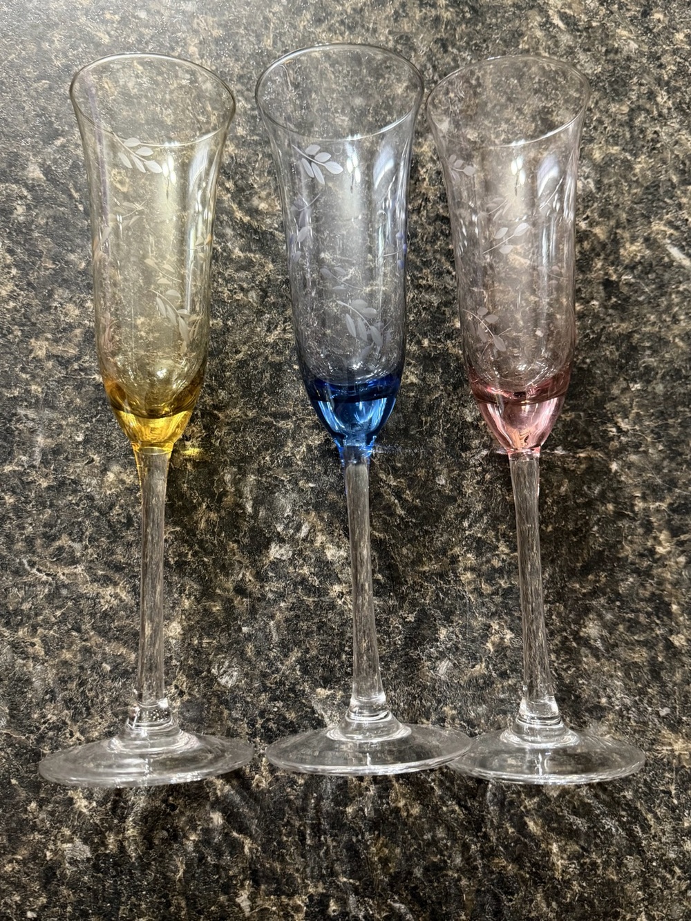 Set of 3 Etched Champagne Flutes - Yellow, Blue, Pink Accents